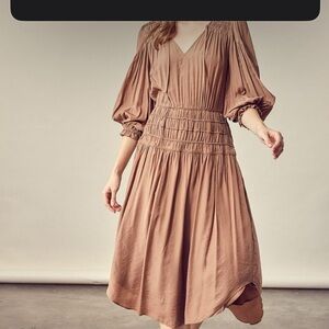 🌻Mustard Seed smocked, hi-low midi dress latte brown Small